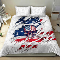 American flag skull bedding set with two white pillowcases, bold blue stars and red stripes