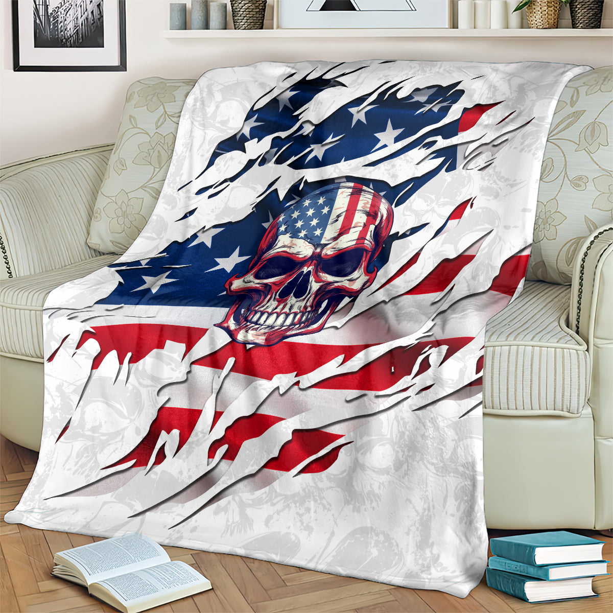 American flag skull throw blanket with blue star field and red stripes on a white background