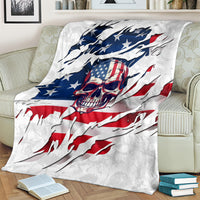 American flag skull throw blanket with blue star field and red stripes on a white background