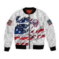 Unisex bomber jacket with American flag skull graphic, white zip-front, ribbed cuffs