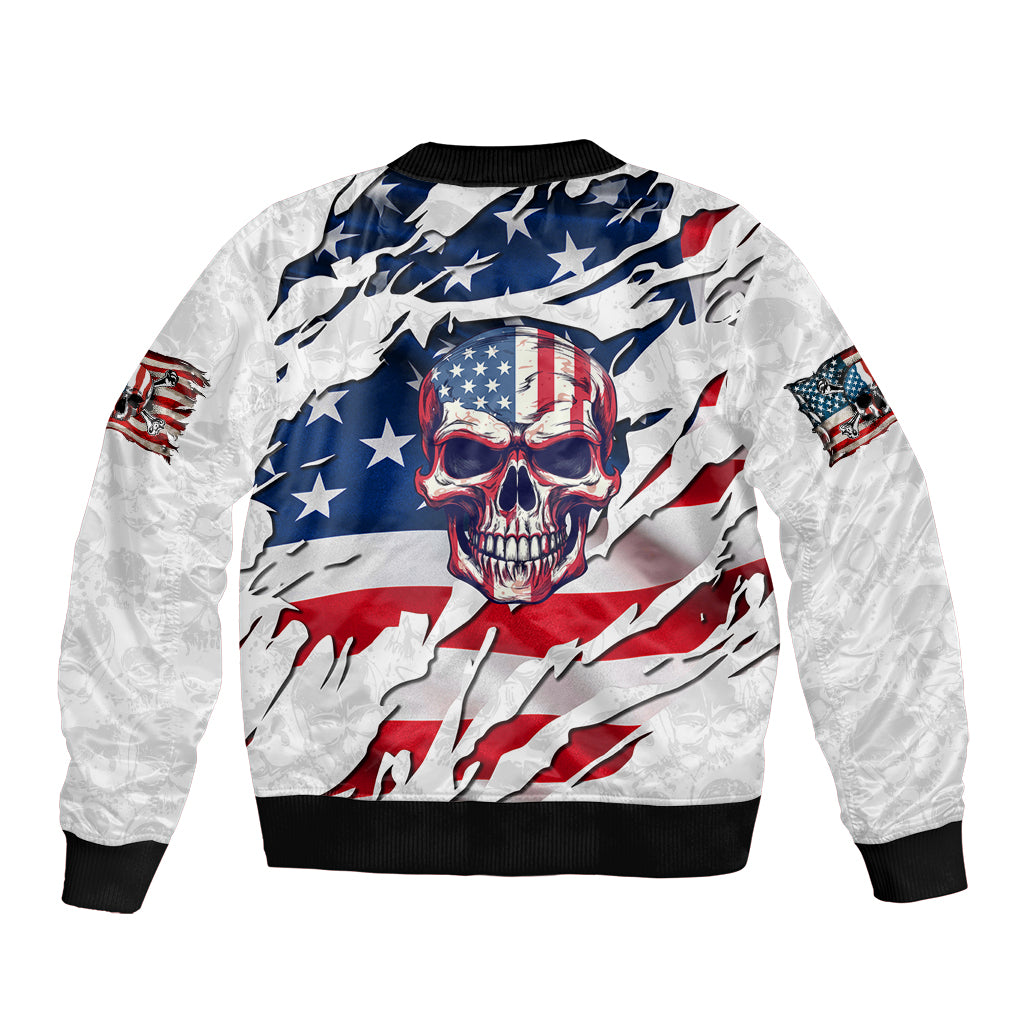 Unisex bomber jacket, American flag skull graphic on back, white ribbed hem and cuffs