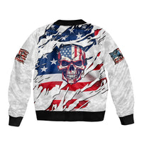 Unisex bomber jacket, American flag skull graphic on back, white ribbed hem and cuffs