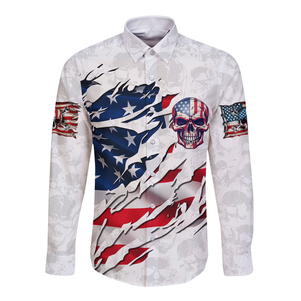 Unisex long sleeve button shirt with patriotic flag skull graphic, light background