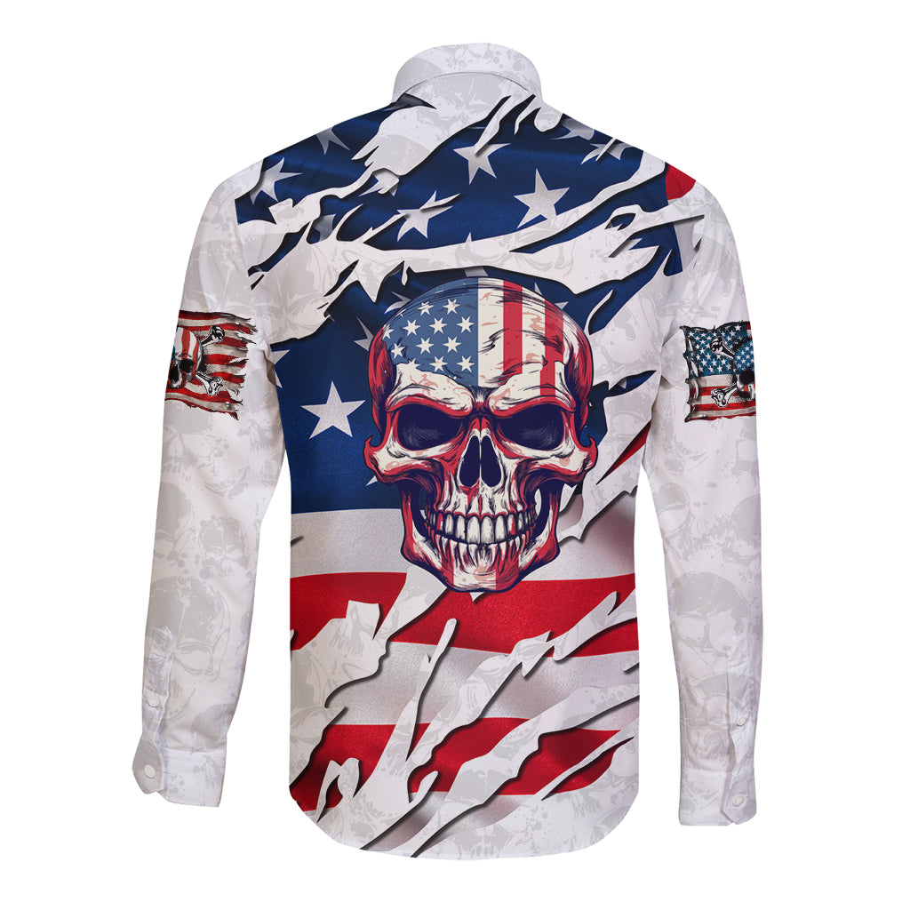 Unisex long sleeve button shirt, back view with flag skull and star pattern