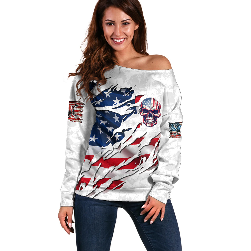 American Flag Skull Off Shoulder Sweater - Wonder Print Shop