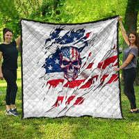 White skull quilt featuring American flag design with blue stars and red stripes, stitched look
