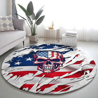 Round rug with American flag skull center, stars and red-white stripes on light gray