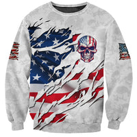 Unisex crewneck skull sweatshirt, white with large American flag graphic on front