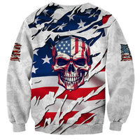 Unisex crewneck skull sweatshirt, white with centered skull American flag graphic