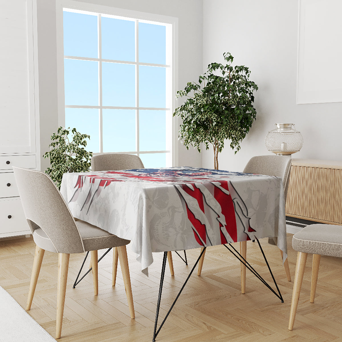 White American flag skull tablecloth with red, blue, and gray stripes across dining table