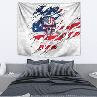 Rectangular wall tapestry featuring American flag skull with blue star wave and red stripes