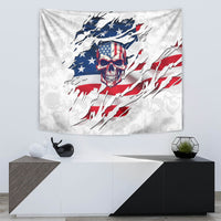 Rectangular tapestry with American flag skull illustration and flowing flag wave graphic