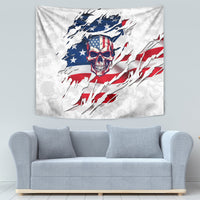 Rectangular wall tapestry showing American flag skull centered on white fabric with blue stars