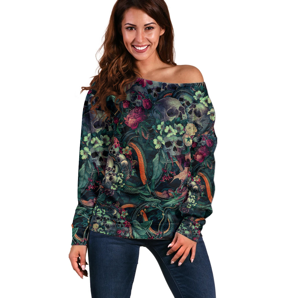 Skulls and Snakes Off Shoulder Sweater - Wonder Print Shop