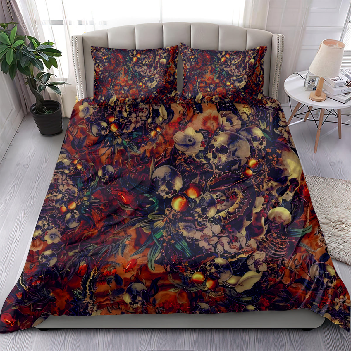 Red and multicolor skull art duvet cover set with two patterned pillows