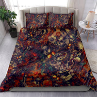 Red and multicolor skull art duvet cover set with two patterned pillows