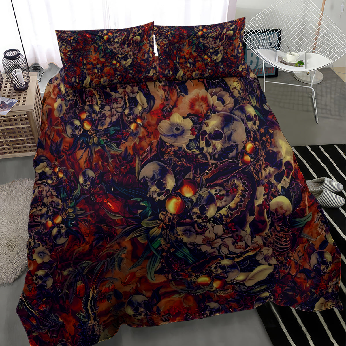 Red and multicolor skull motif duvet cover set with two pillowcases, angled view