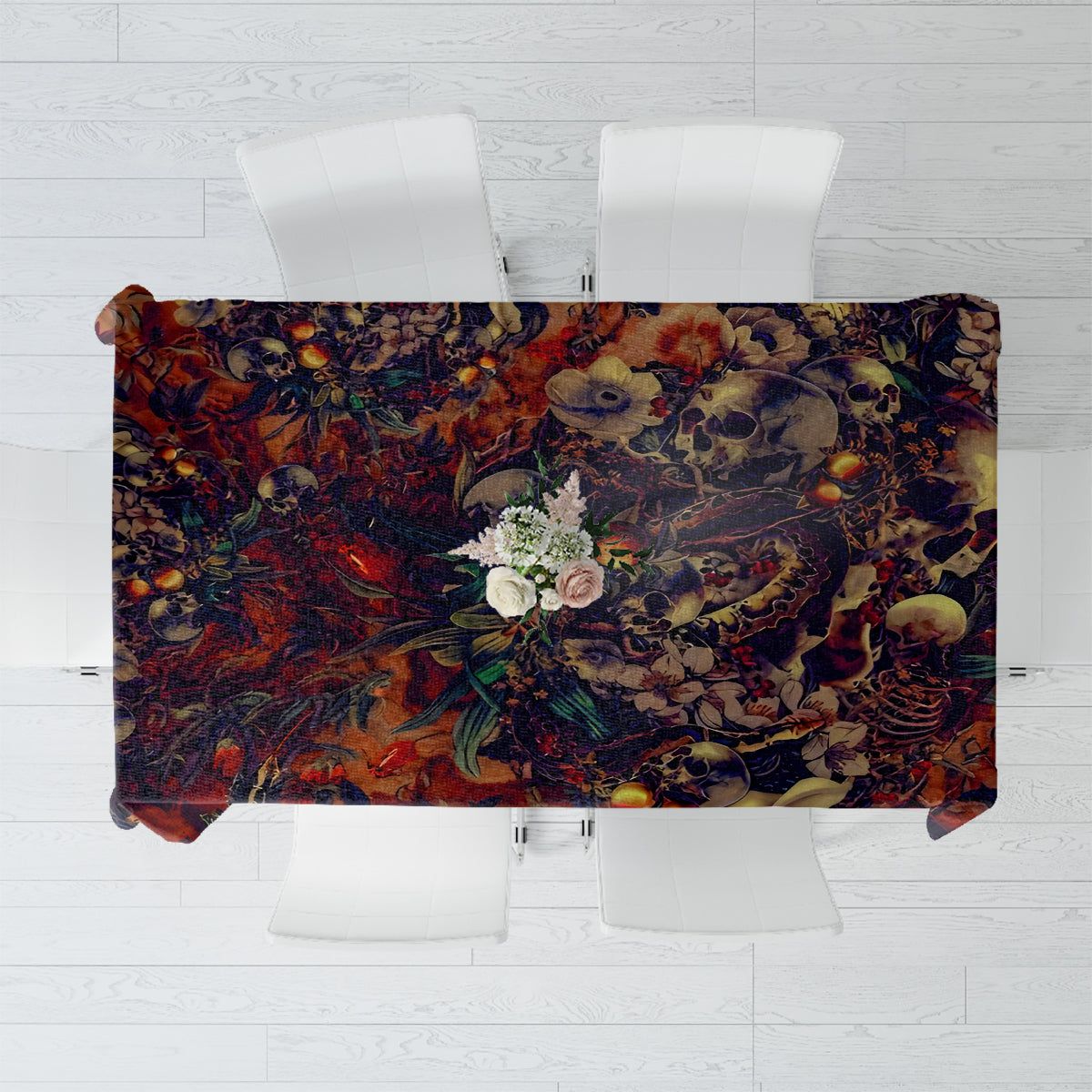 Skull art tablecloth DT02 with red and dark multicolor floral skull design