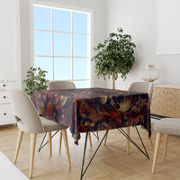 Skull art tablecloth DT02 covering dining table, red and dark skull-floral artwork