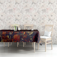 Skull art tablecloth DT02 on bench table, multicolor skull and floral design