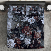 Dark floral bedding set with white roses, red flowers, snake and skull motifs