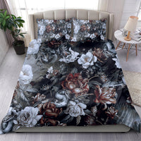 Dark bedding set with two pillow shams; white roses, red blooms, snake and skull art