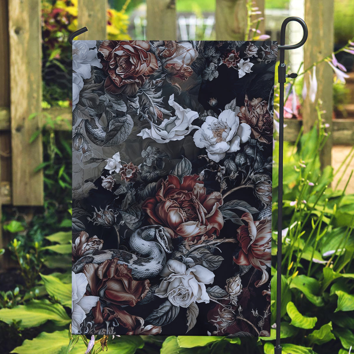 Skulls Roses And White Snakes Garden Flag - Wonder Print Shop