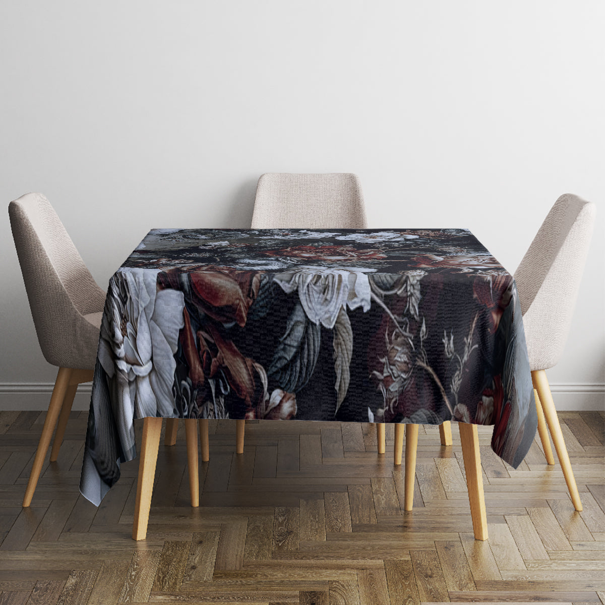 Dark rectangle tablecloth with roses and serpent motifs, center drape
