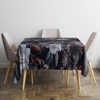Dark rectangle tablecloth with roses and serpent motifs, center drape