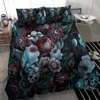 Green duvet cover with skulls and rose floral artwork; two pillowcases