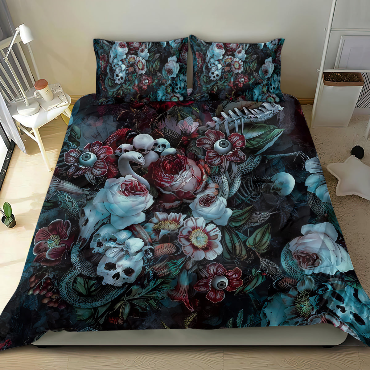 Green skull and rose floral bedding set with teal accents; two pillowcases