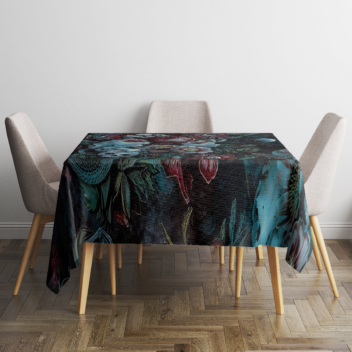 Dark floral tablecloth with teal-blue rose and leaf print, square layout