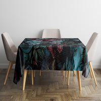 Dark floral tablecloth with teal-blue rose and leaf print, square layout