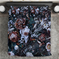 Skull and floral print bedding set, dark teal and burgundy with white skull motifs