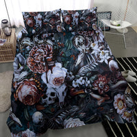 Skull and rose floral bedding set with two pillow shams, dark teal print