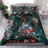 Dark green floral bedding set with skull and roses pattern, shown on a full bed