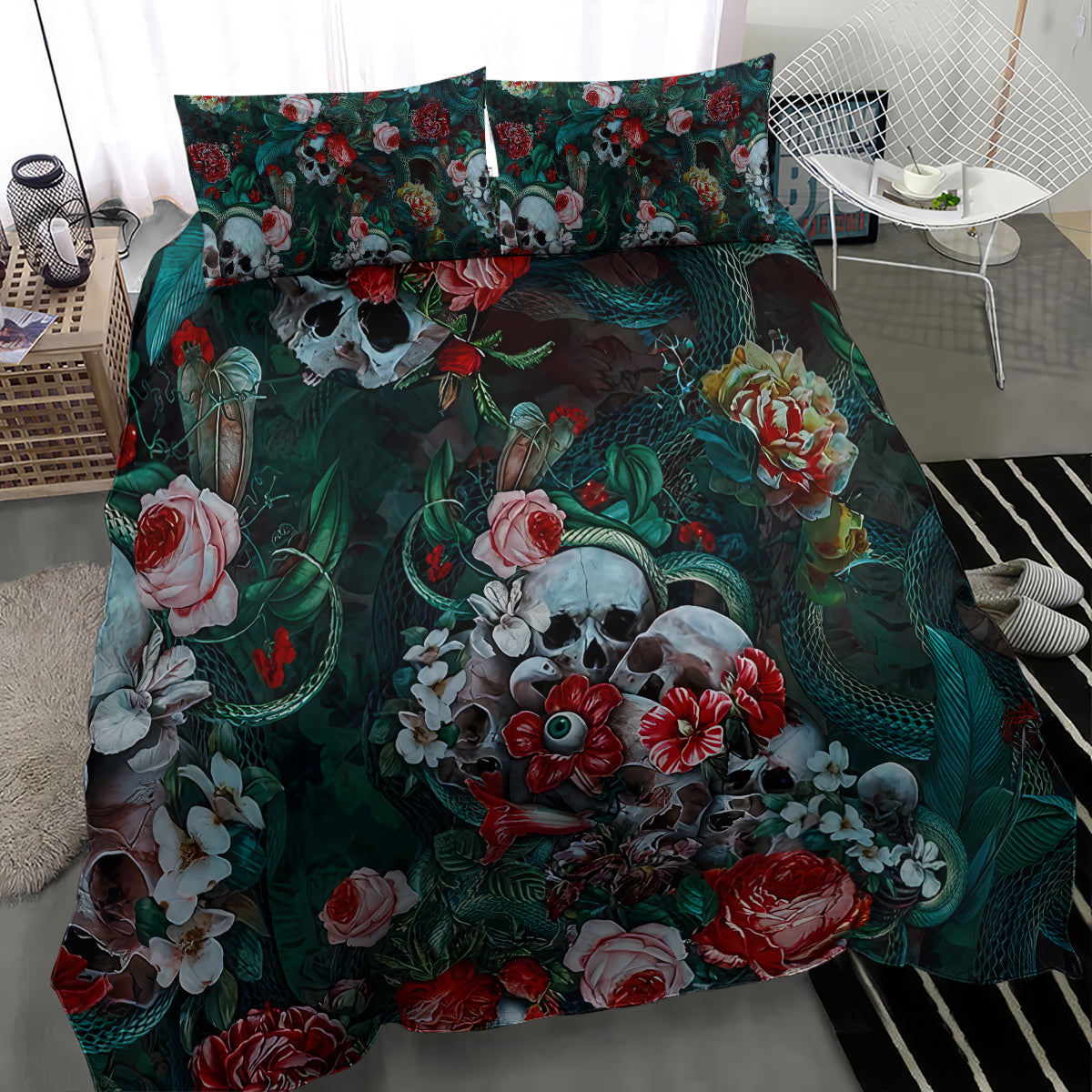 Teal floral bedding set with cat skull face and roses, two pillowcases