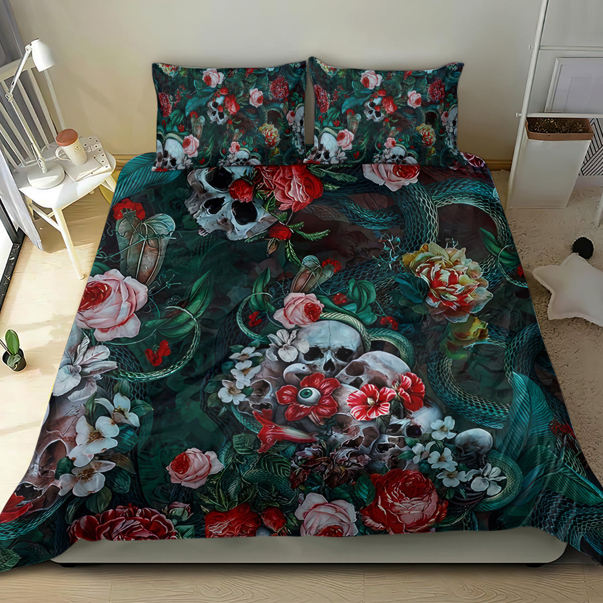 Dark green floral bedding set with skull, roses, and red flowers, two pillowcases