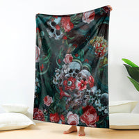 Teal and dark green floral skull throw blanket DT02 with red roses and blossoms