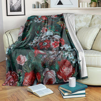 Teal and dark green floral skull blanket DT02 with red rose flowers and leafy pattern