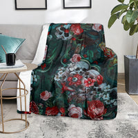 Teal and dark green floral skull throw blanket DT02 with red roses and white blossoms