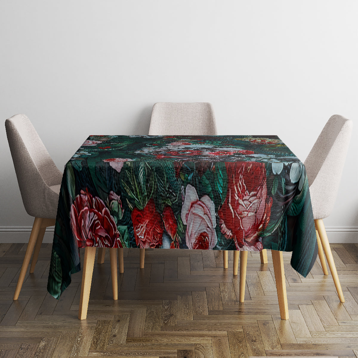 Green floral tablecloth on dining table with four chairs, dark rose and leaf print