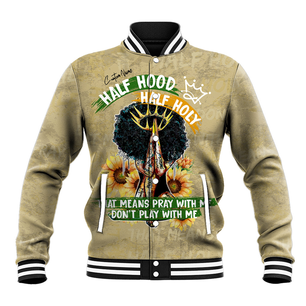 Beige baseball jacket with ribbed collar, button front, and half-hood graphic
