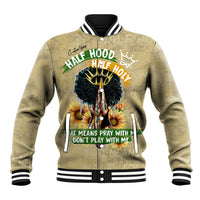Beige baseball jacket with ribbed collar, button front, and half-hood graphic