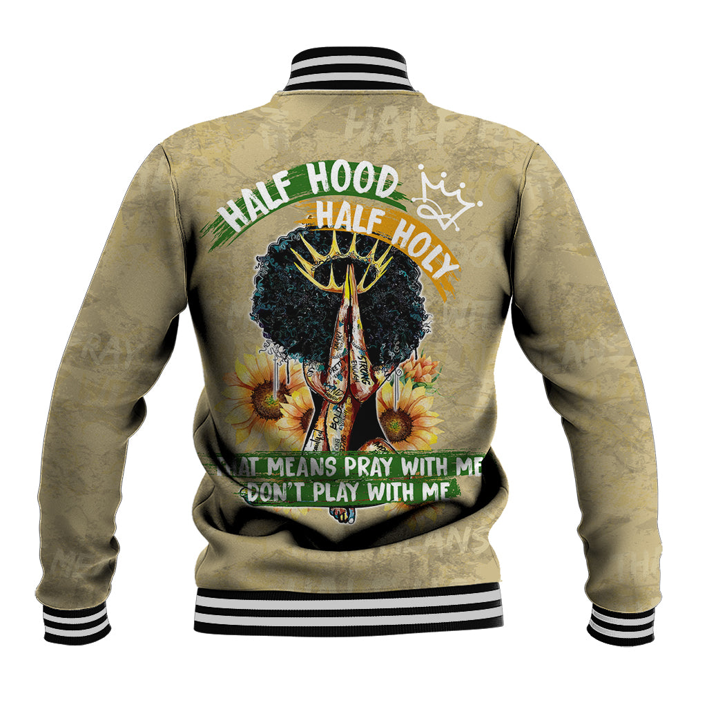 Beige baseball jacket, back view, ribbed hem and cuffs with half-hood emblem