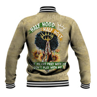 Beige baseball jacket, back view, ribbed hem and cuffs with half-hood emblem