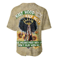 Beige women’s baseball jersey with half-hood half-holy graphic, back view
