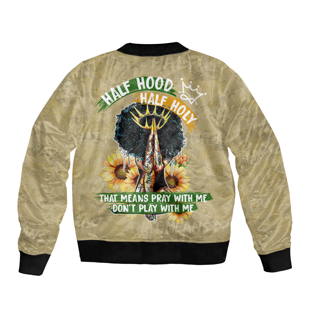 Beige bomber jacket, ribbed hem, back graphic with half-hood text and flowers