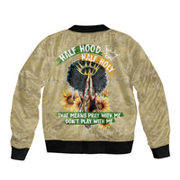 Beige bomber jacket, ribbed hem, back graphic with half-hood text and flowers