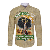 Beige long-sleeve button shirt with hood; half-hood half-holy graphic front